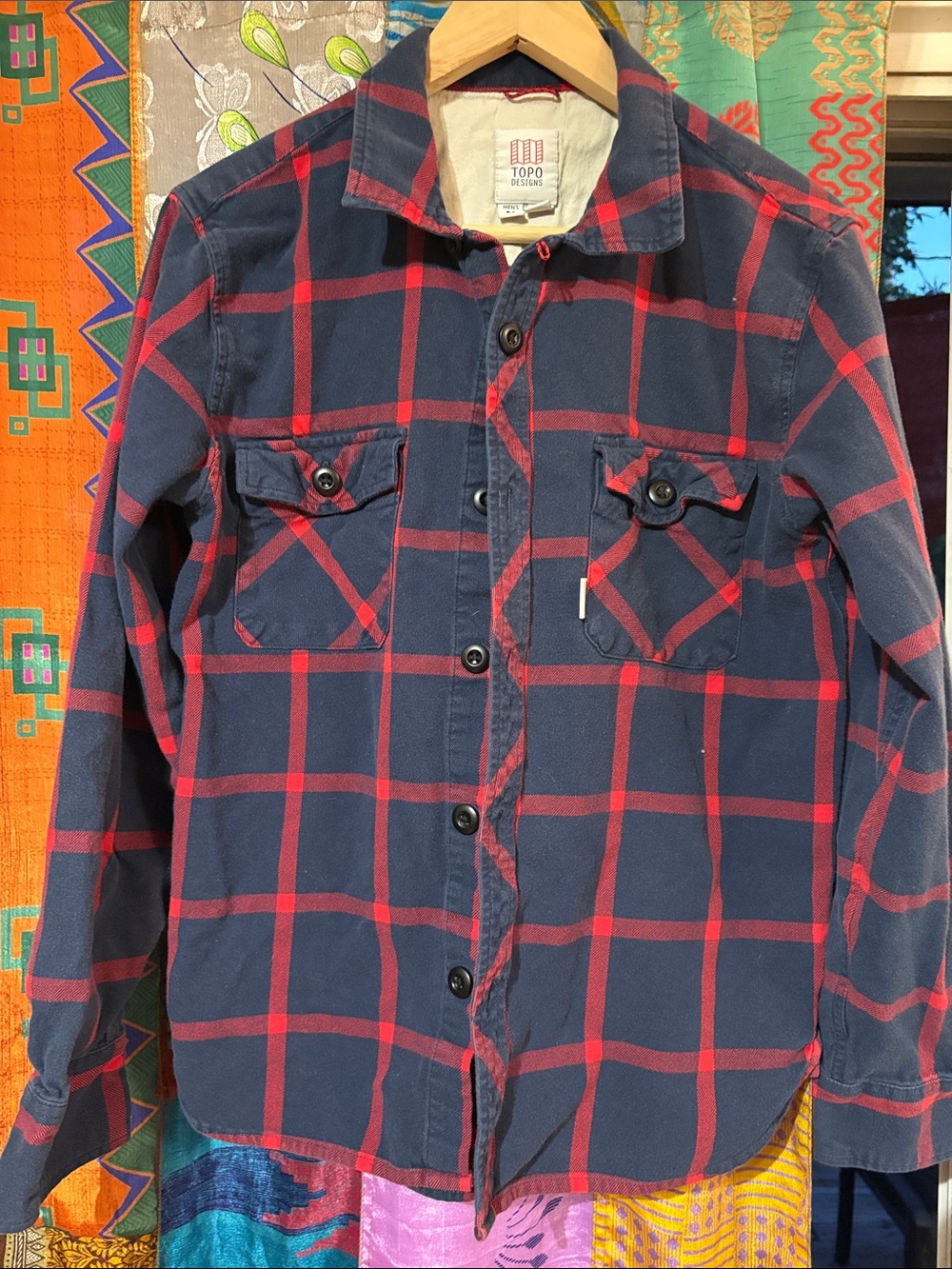 Topo Designs Navy and Red Checked Button-Down Shirt